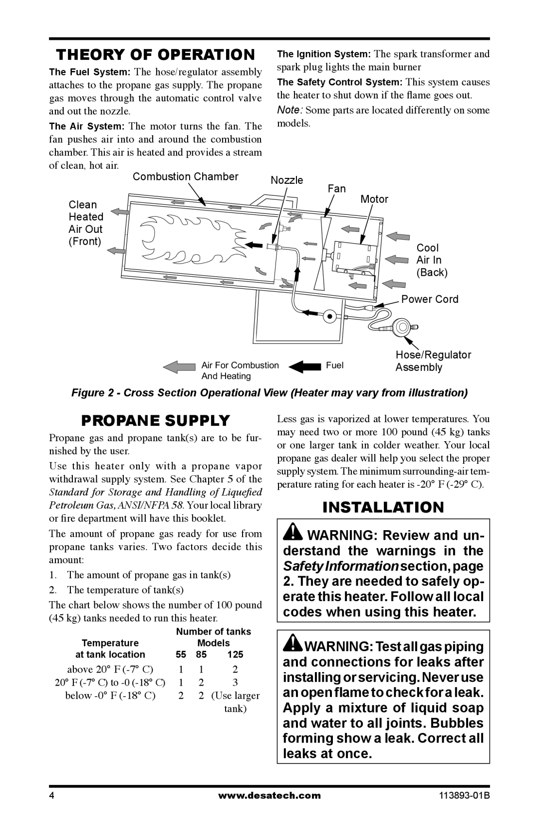 Desa Air Conditioner owner manual Propane Supply, Installation, Kg tanks needed to run this heater 