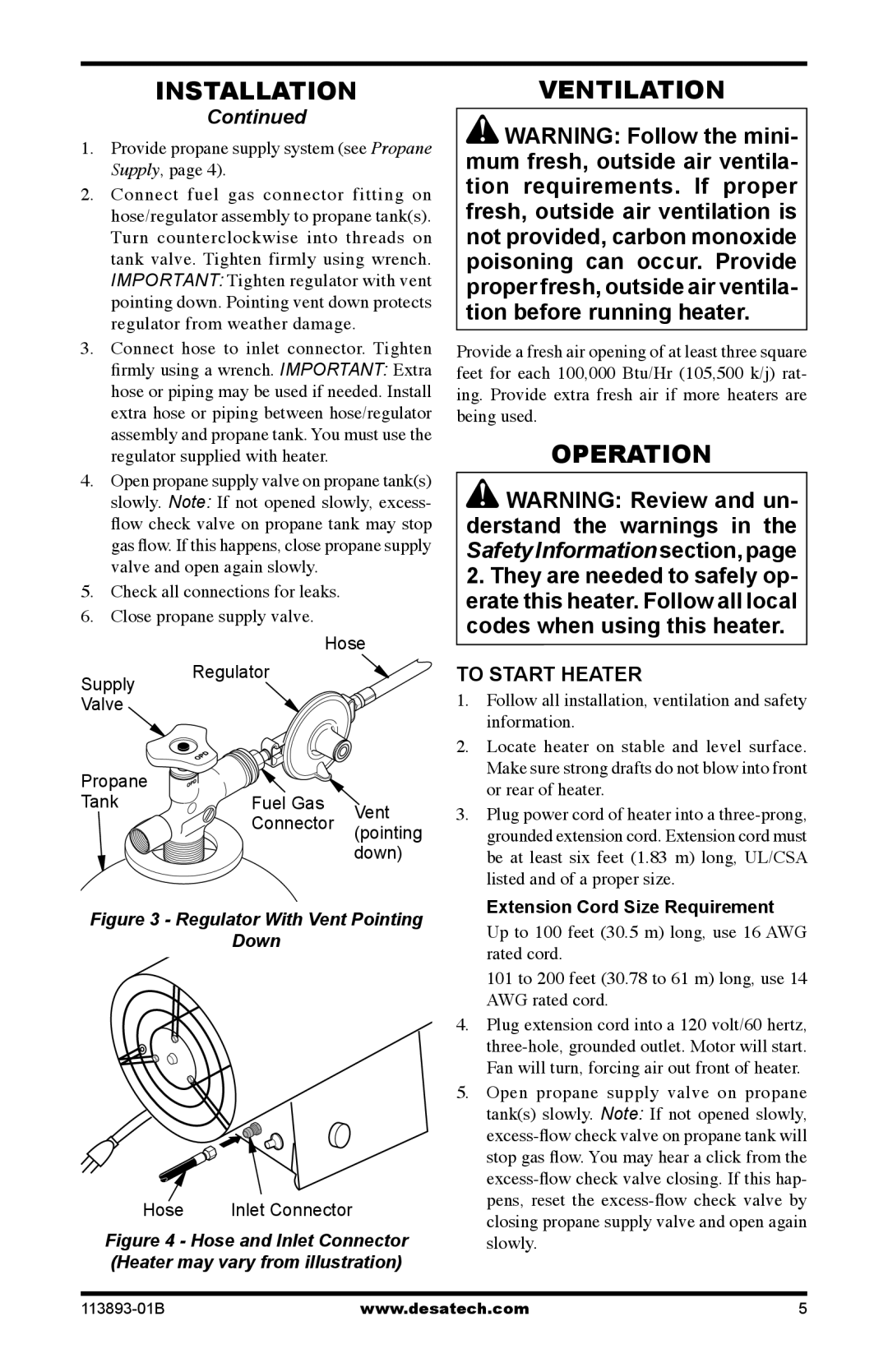 Desa Air Conditioner owner manual Ventilation, Operation, To Start Heater, Provide propane supply system see Propane Supply 