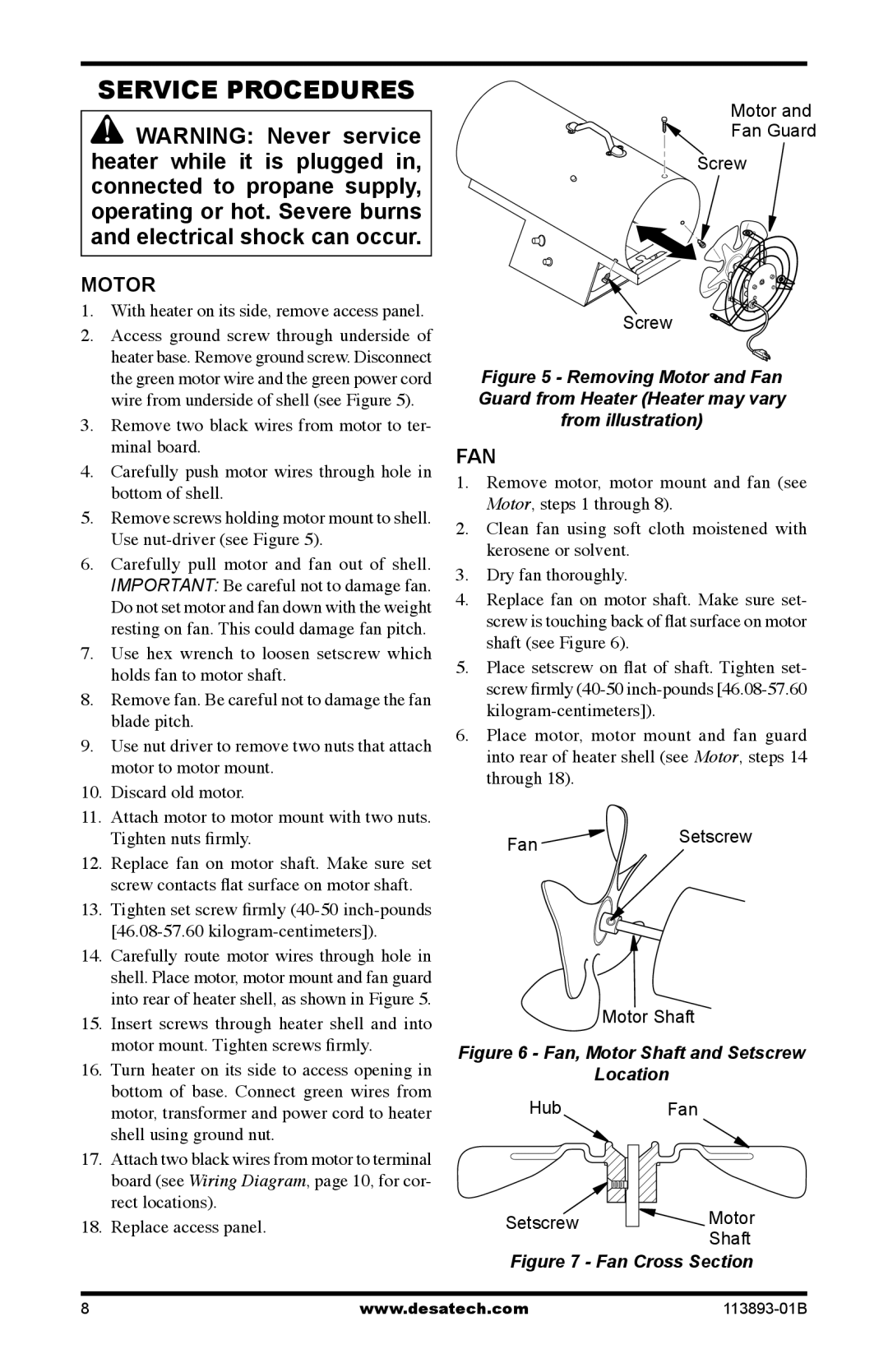 Desa Air Conditioner owner manual Service Procedures, Motor, Fan 