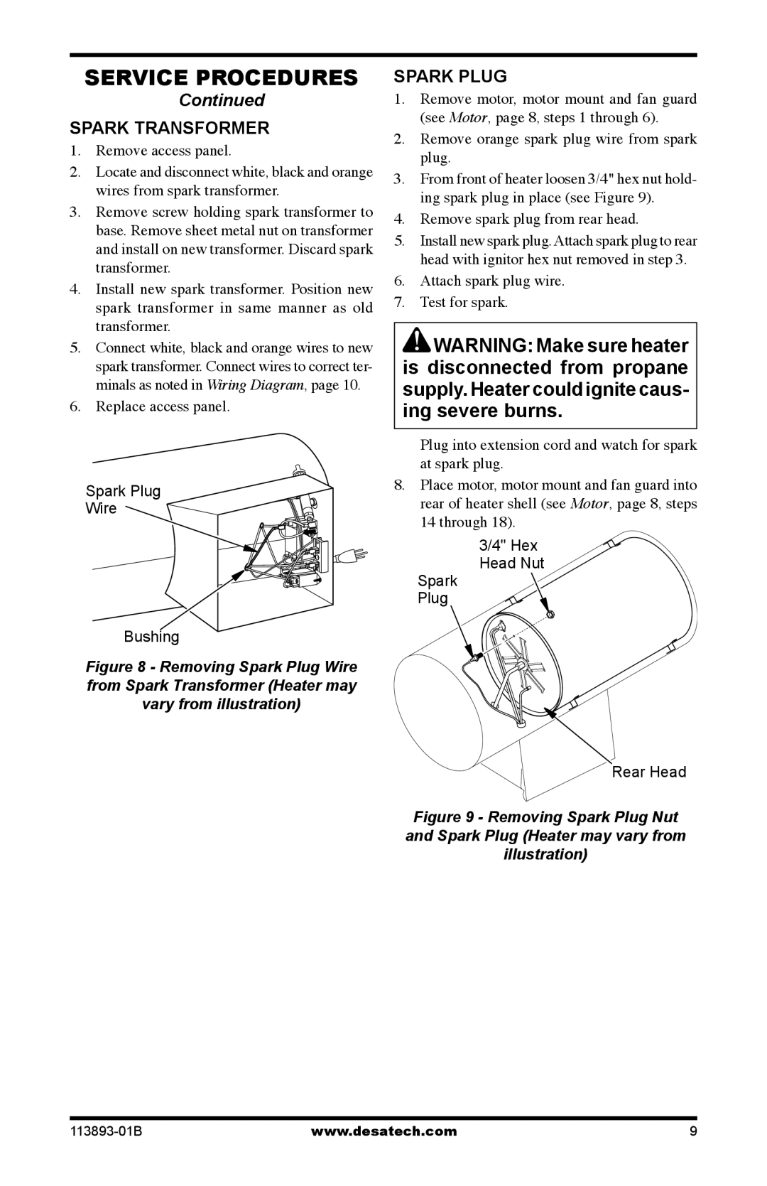 Desa Air Conditioner owner manual Spark Transformer, Spark Plug, Remove orange spark plug wire from spark plug 