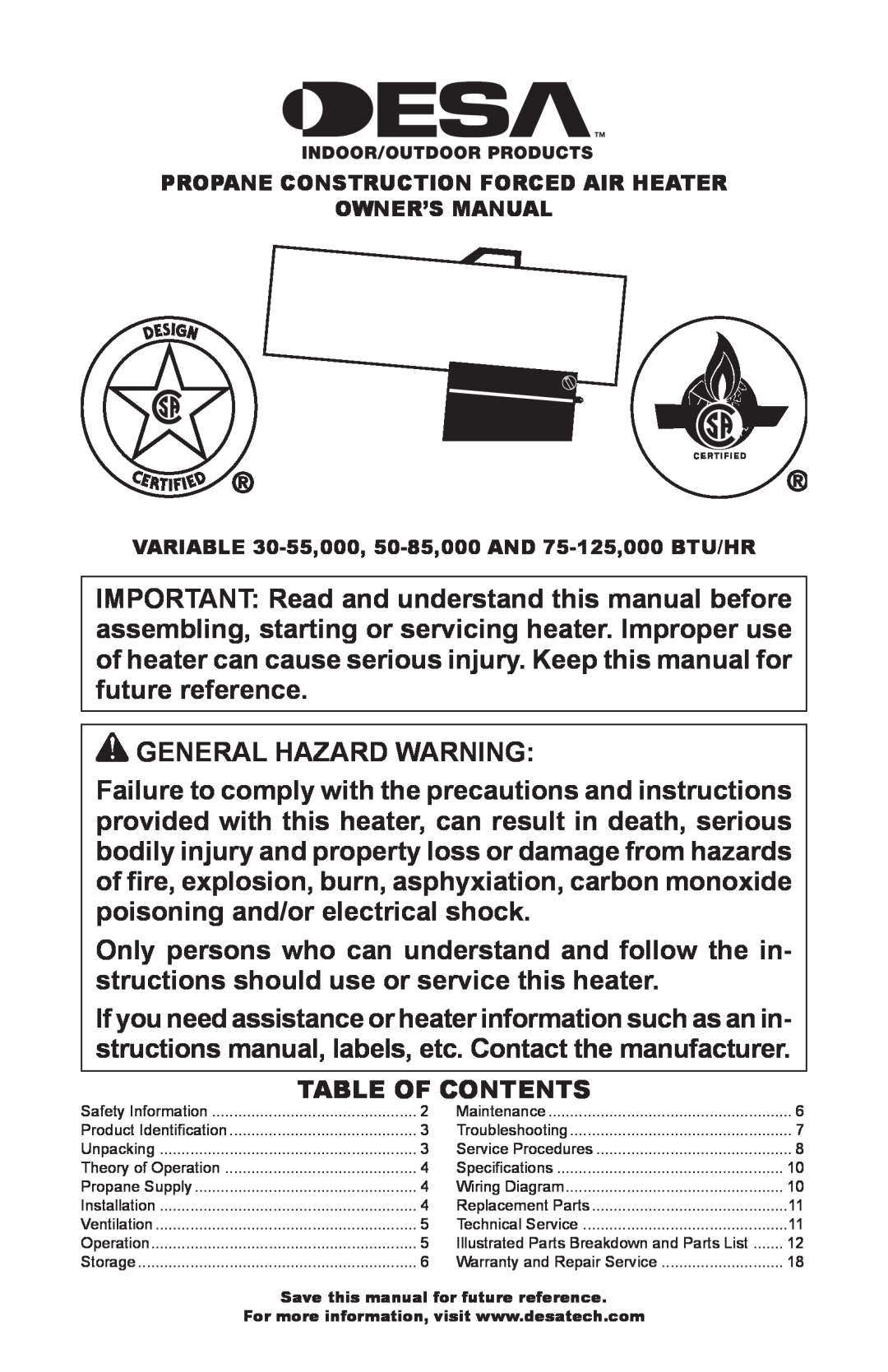 Desa Air Conditioner owner manual General Hazard Warning 