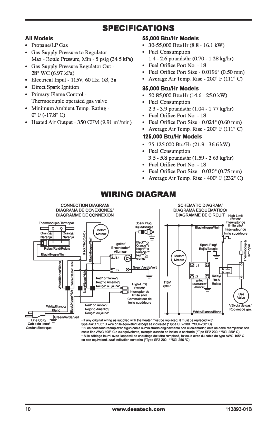 Desa Air Conditioner owner manual Specifications, Wiring Diagram, All Models, 55,000 Btu/Hr Models, 85,000 Btu/Hr Models 
