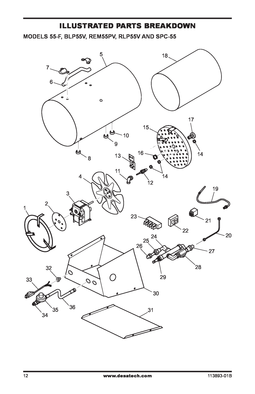 Desa Air Conditioner owner manual Illustrated Parts Breakdown, MODELS 55-F,BLP55V, REM55PV, RLP55V AND SPC-55 