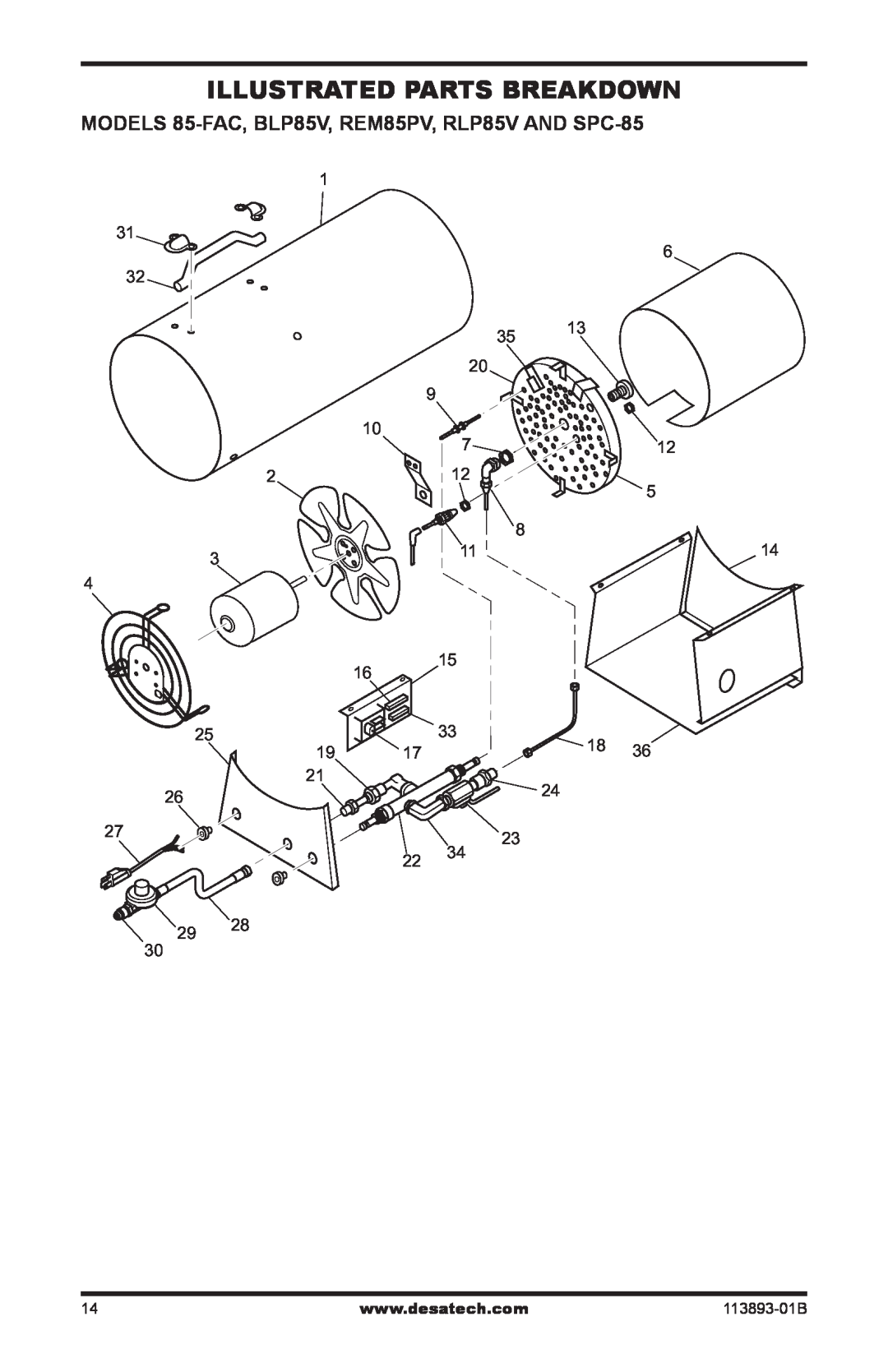 Desa Air Conditioner owner manual Illustrated Parts Breakdown, MODELS 85-FAC,BLP85V, REM85PV, RLP85V AND SPC-85 