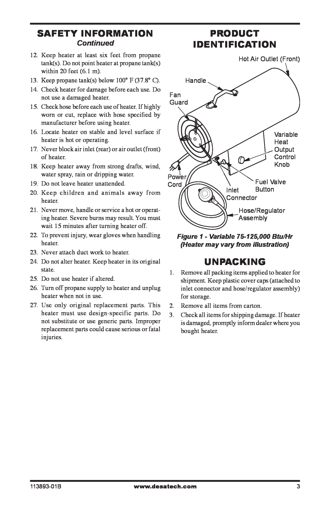 Desa Air Conditioner owner manual Safety Information, Product Identification, Unpacking, Continued 