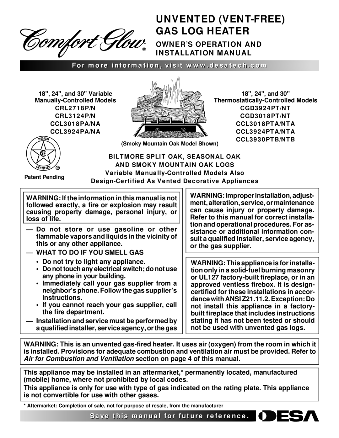 Desa installation manual What to do if YOU Smell GAS, 18, 24, and 30 Variable, CRL2718P/N, CRL3124P/N 