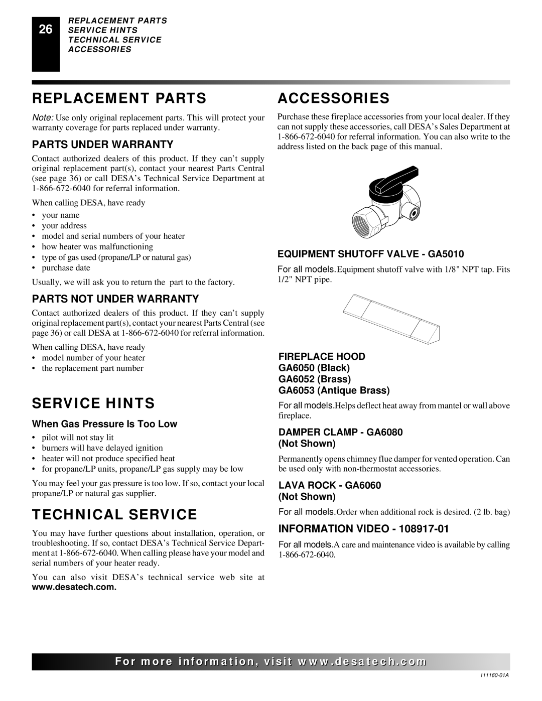 Desa and 30, 24 installation manual Replacement Parts, Accessories, Service Hints, Technical Service 