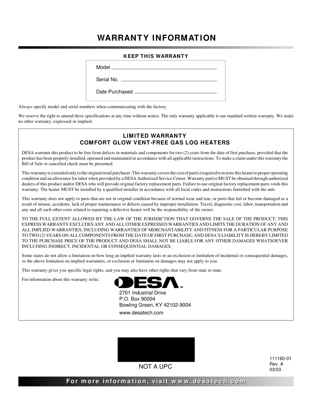 Desa and 30, 24 installation manual Warranty Information, Keep this Warranty 