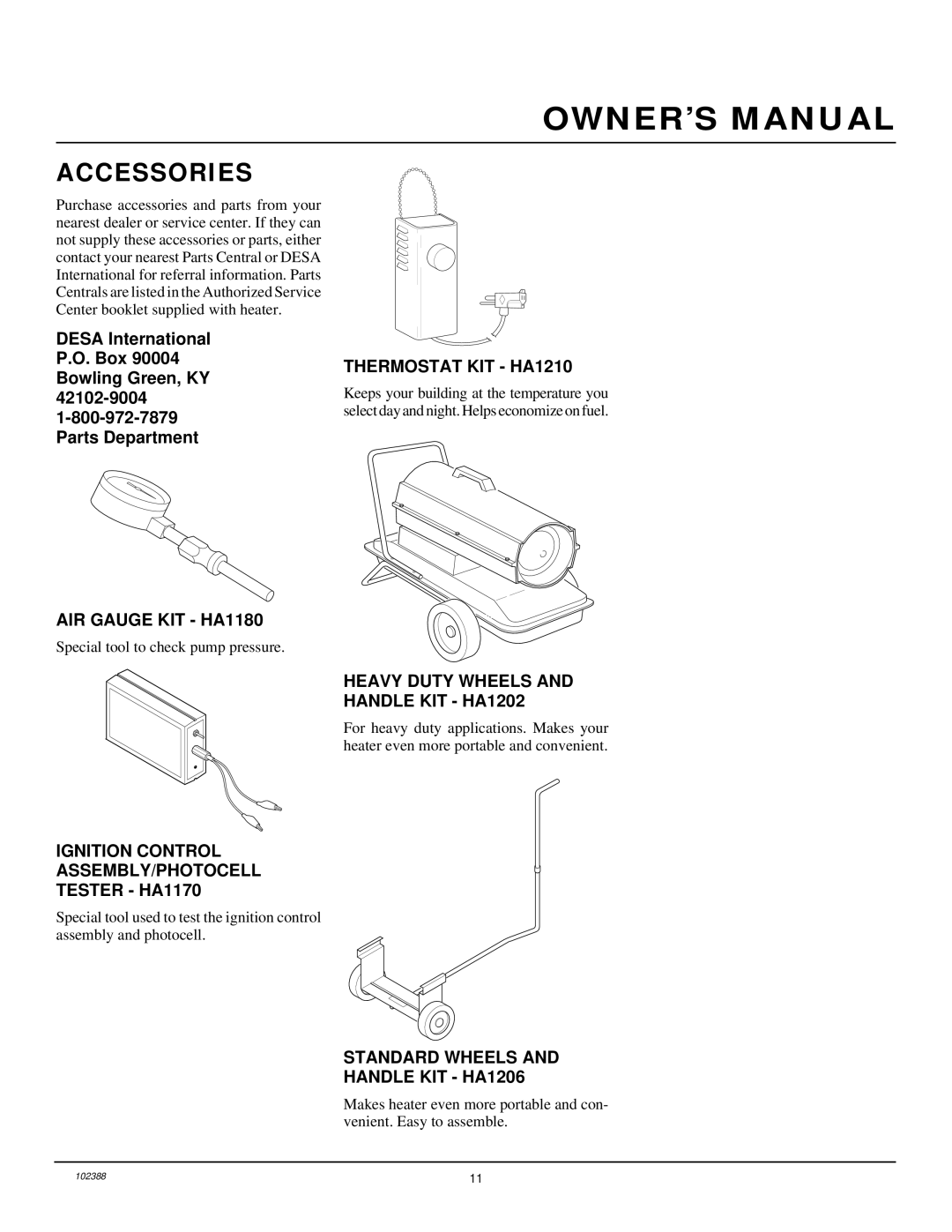 Desa and 55 owner manual Accessories, Special tool to check pump pressure 