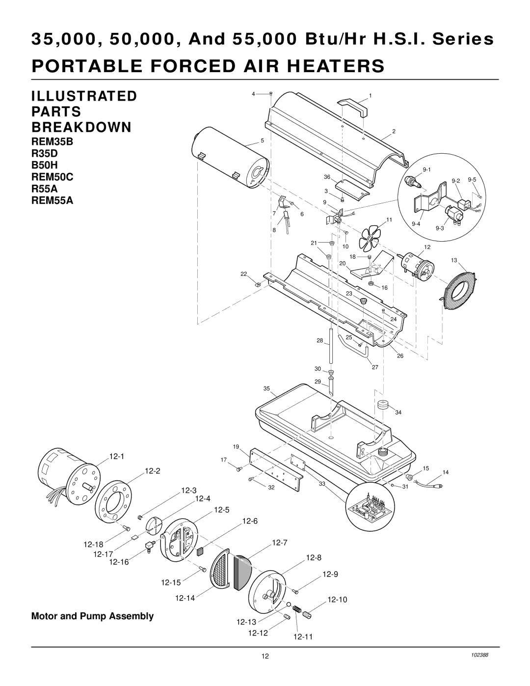 Desa and 55 owner manual Illustrated Parts Breakdown, REM35B, REM50C, REM55A, Motor and Pump Assembly 