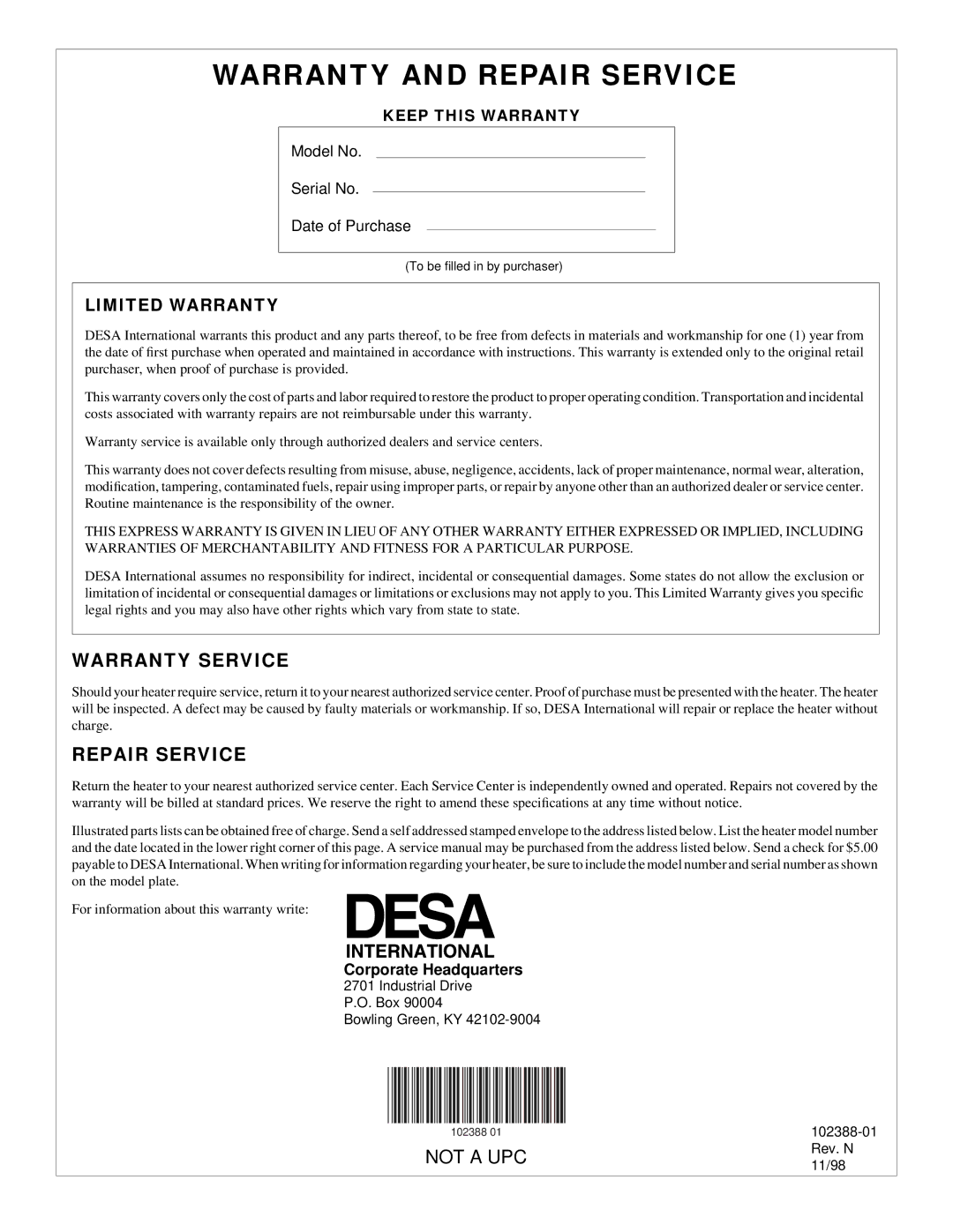 Desa and 55 owner manual Warranty Service, Repair Service 