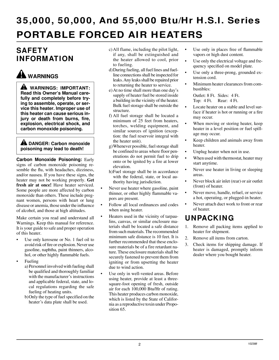 Desa and 55 Safety Information, Unpacking, Fueling, Cal regulations regarding the safe fueling of heating units 