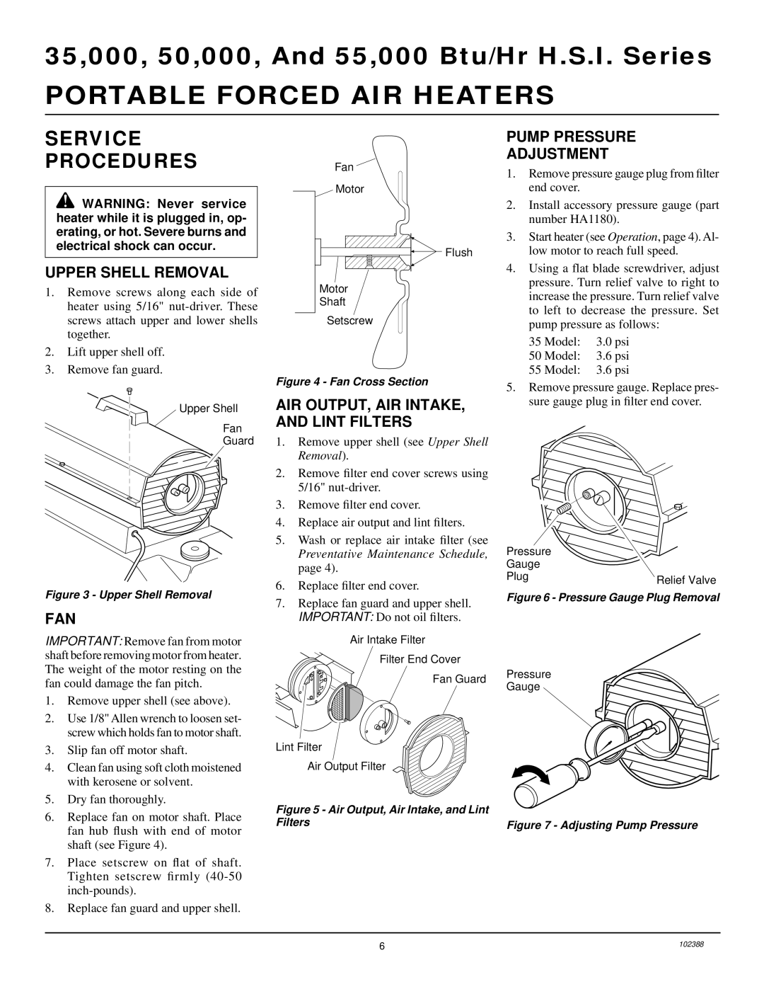 Desa and 55 owner manual Service Procedures, Upper Shell Removal, Fan, AIR OUTPUT, AIR INTAKE, and Lint Filters 