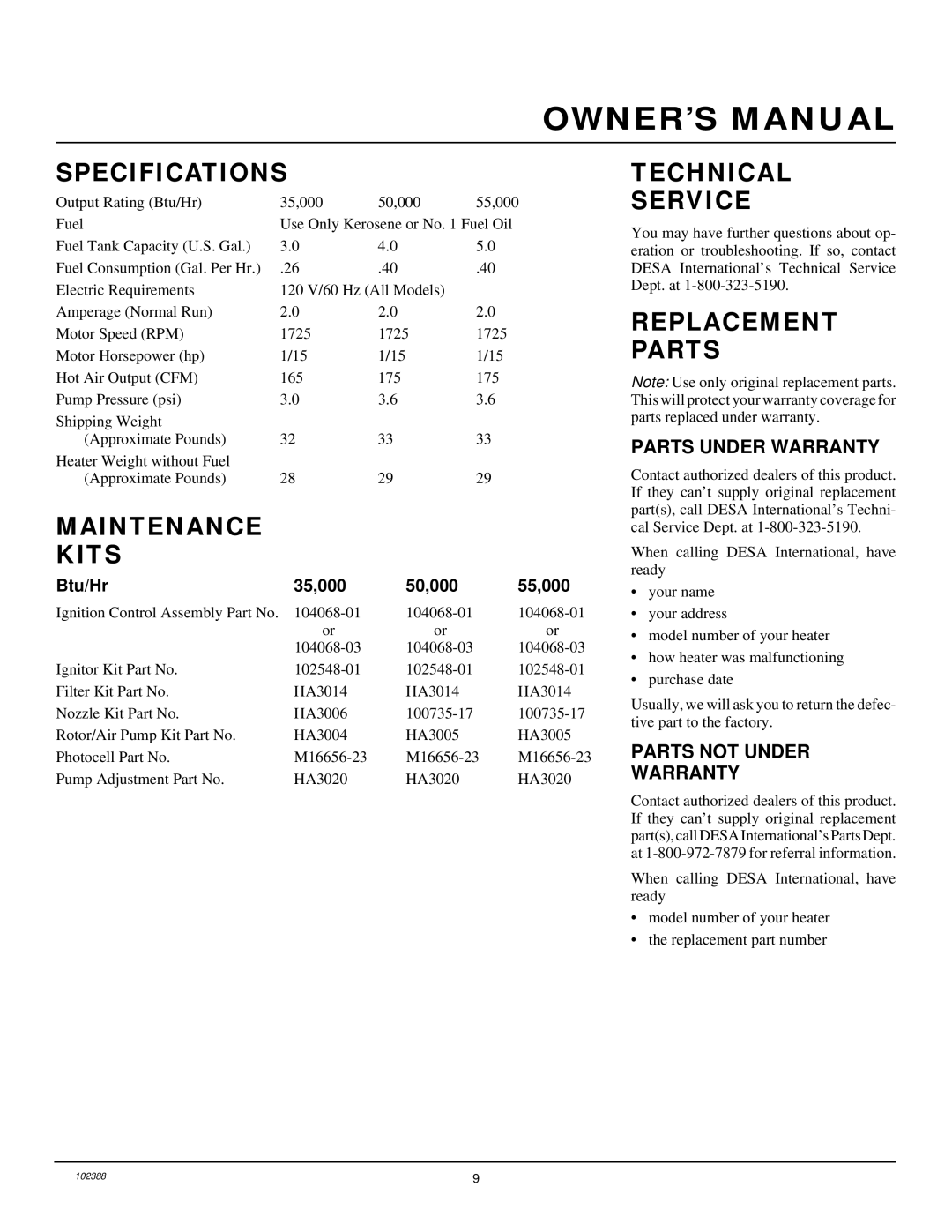 Desa and 55 owner manual Specifications, Maintenance Kits, Technical Service, Replacement Parts 