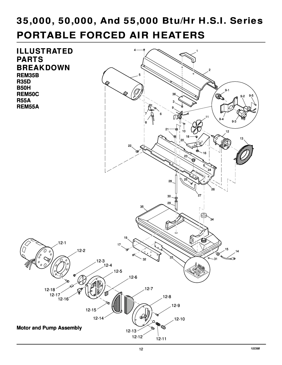Desa and 55 owner manual Illustrated Parts Breakdown, REM35B R35D B50H REM50C R55A REM55A, Motor and Pump Assembly 