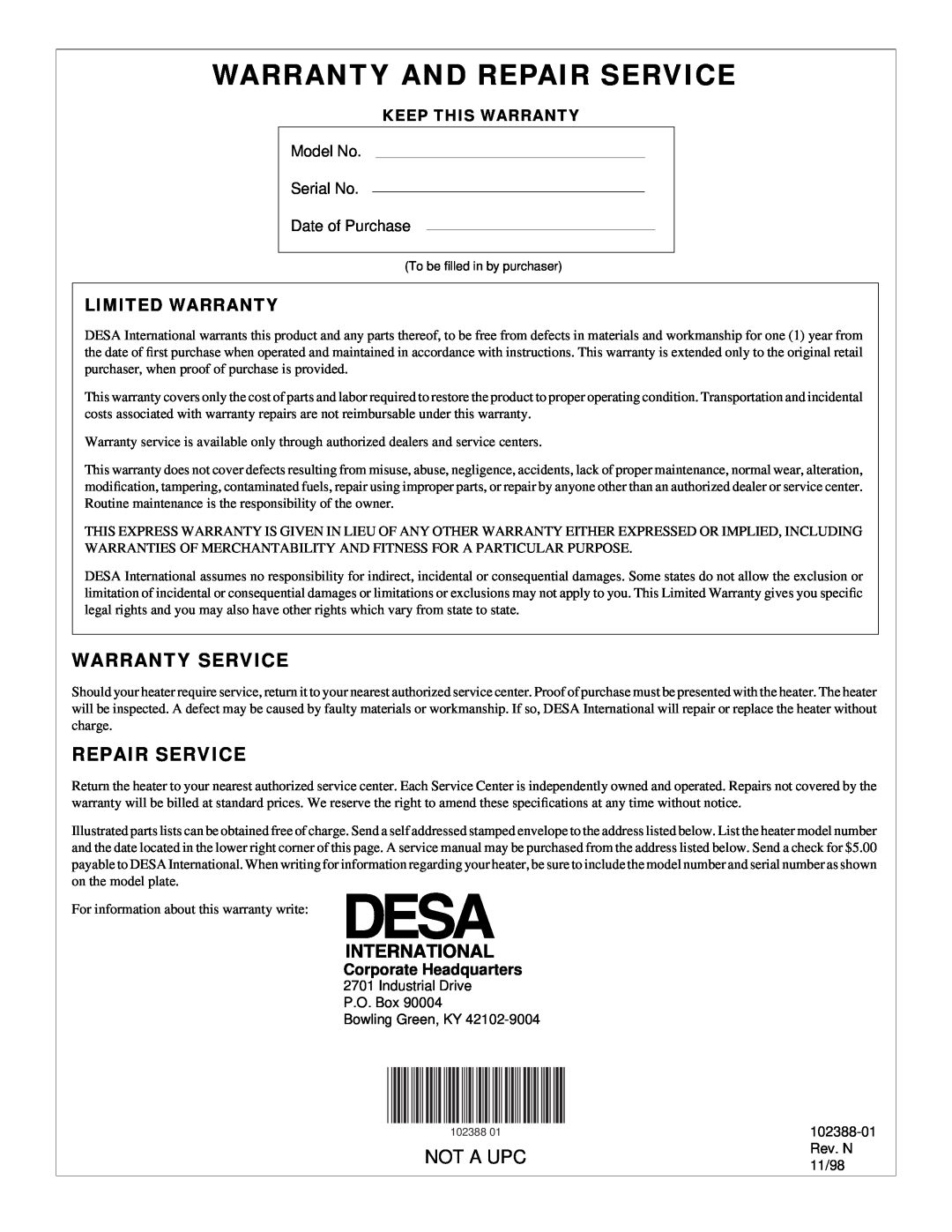 Desa and 55 owner manual Warranty Service, Limited Warranty, Warranty And Repair Service, Not A Upc 