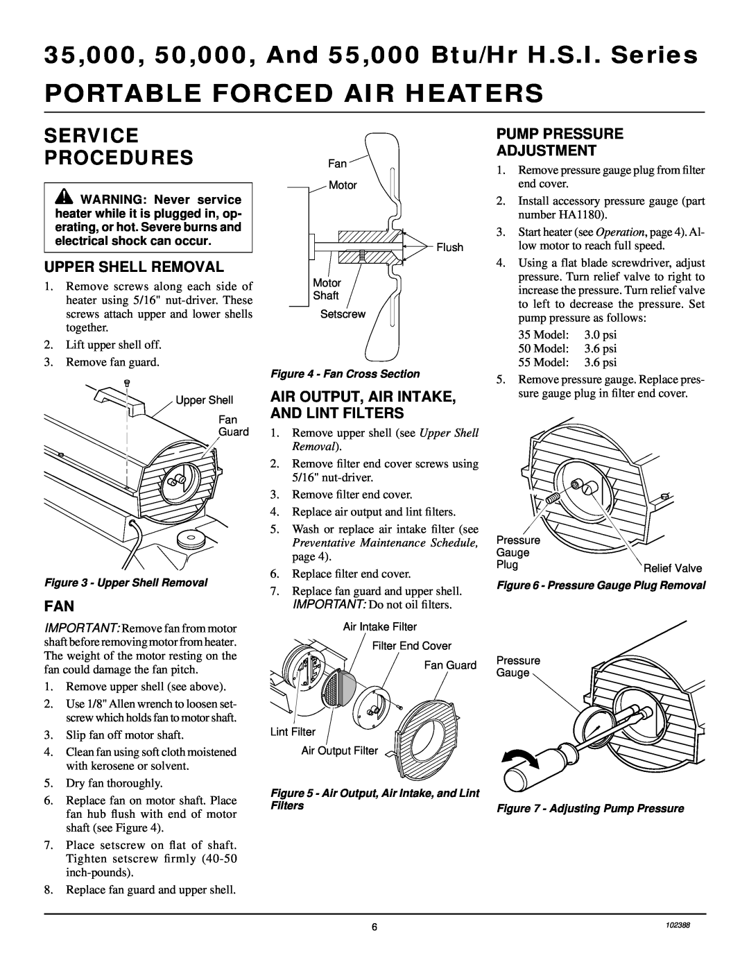 Desa and 55 Service Procedures, Upper Shell Removal, Air Output, Air Intake, And Lint Filters, Pump Pressure Adjustment 