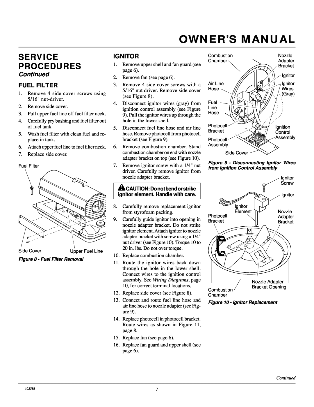 Desa and 55 owner manual Continued, Fuel Filter, Ignitor, Service Procedures 