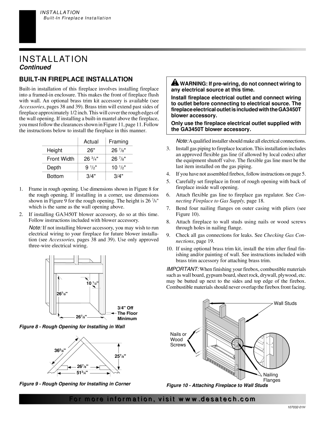 Desa and EFS26NR, EFS10TP, EFS10TN installation manual BUILT-IN Fireplace Installation, Rough Opening for Installing in Wall 