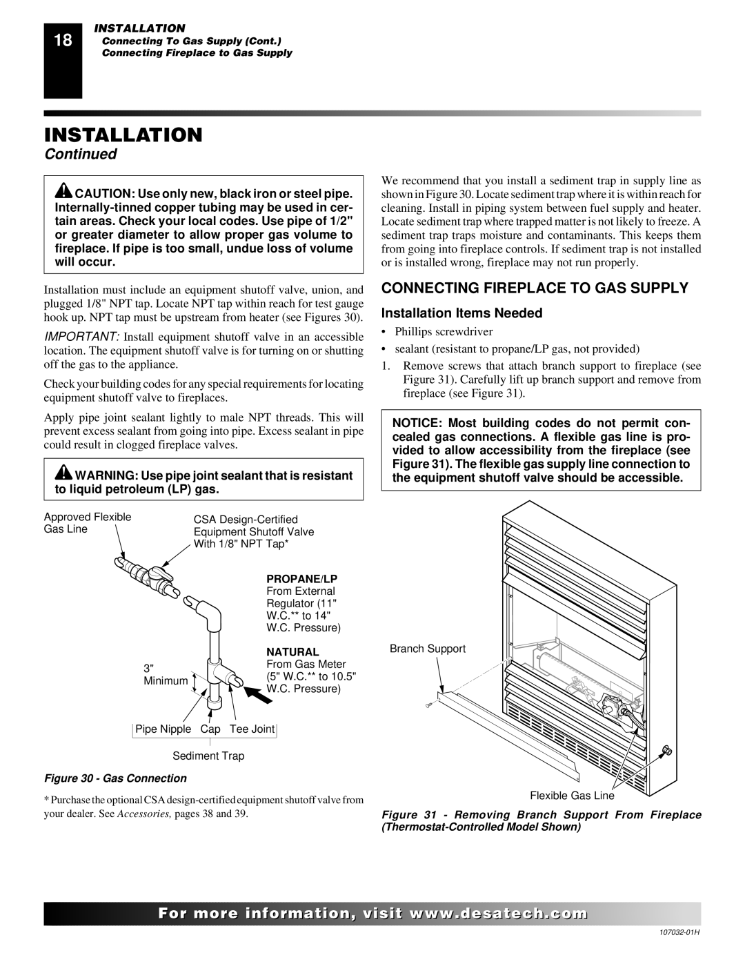 Desa and EFS26NR, EFS10TP, EFS10TN installation manual Connecting Fireplace to GAS Supply, Installation Items Needed 