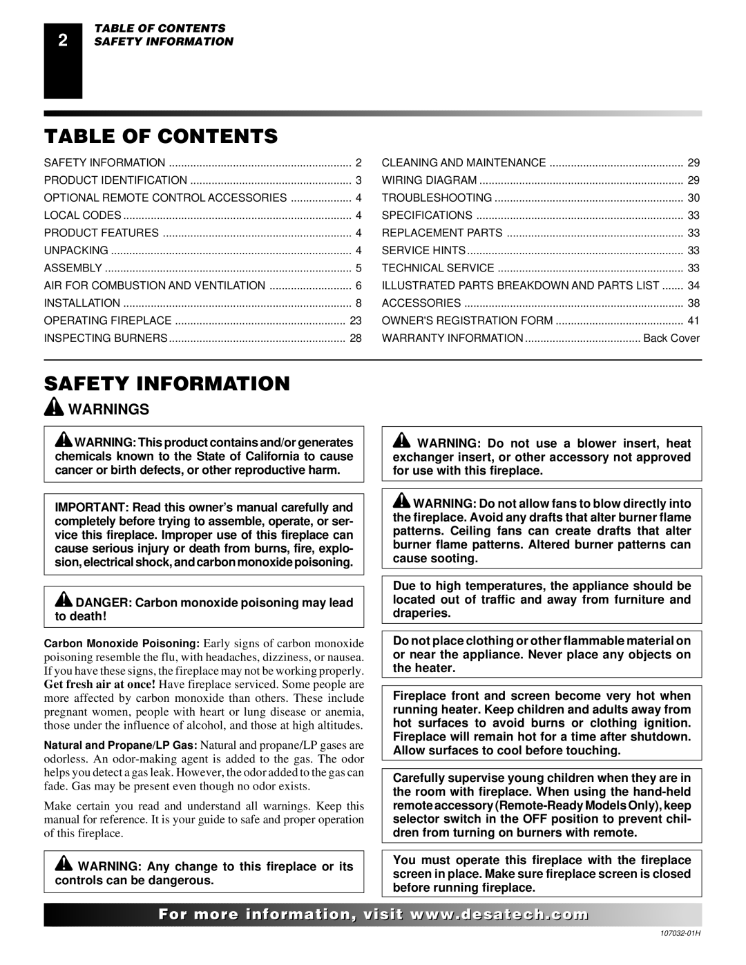 Desa and EFS26NR, EFS10TP, EFS10TN installation manual Table of Contents, Safety Information 