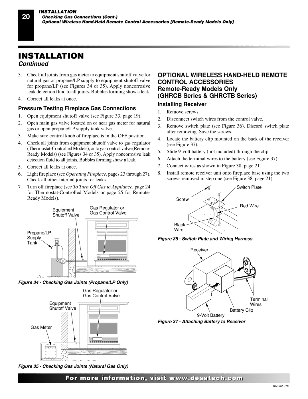 Desa and EFS26NR Optional Wireless HAND-HELD Remote Control Accessories, Pressure Testing Fireplace Gas Connections 