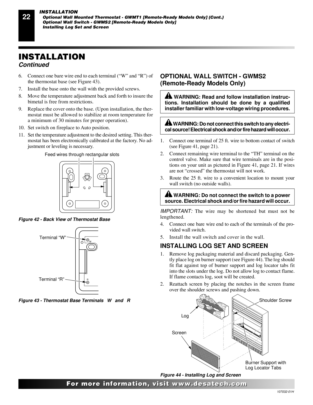 Desa and EFS26NR, EFS10TP, EFS10TN Optional Wall Switch GWMS2 Remote-Ready Models Only, Installing LOG SET and Screen 