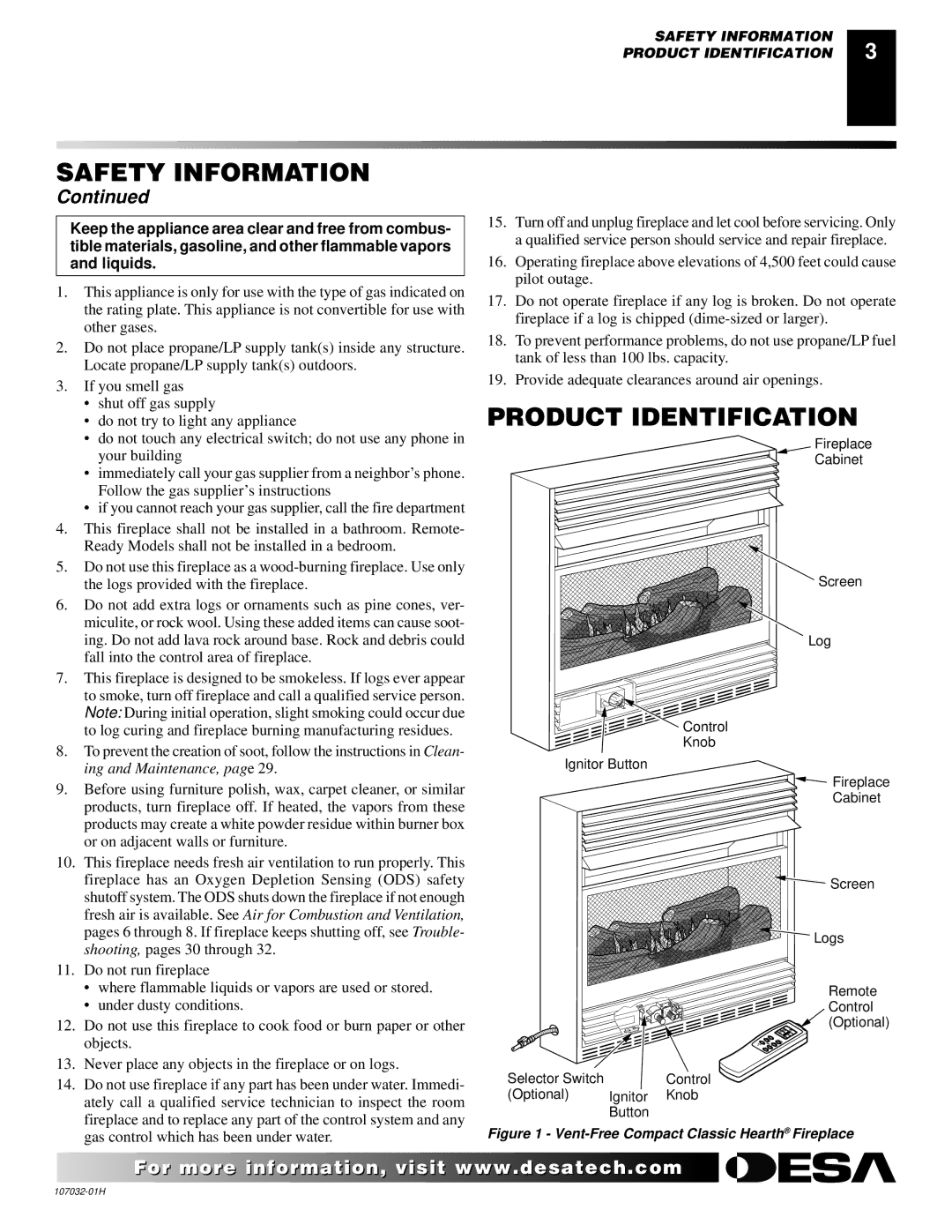 Desa EFS10TP, EFS10TN, and EFS26NR installation manual Product Identification, Vent-Free Compact Classic Hearth Fireplace 