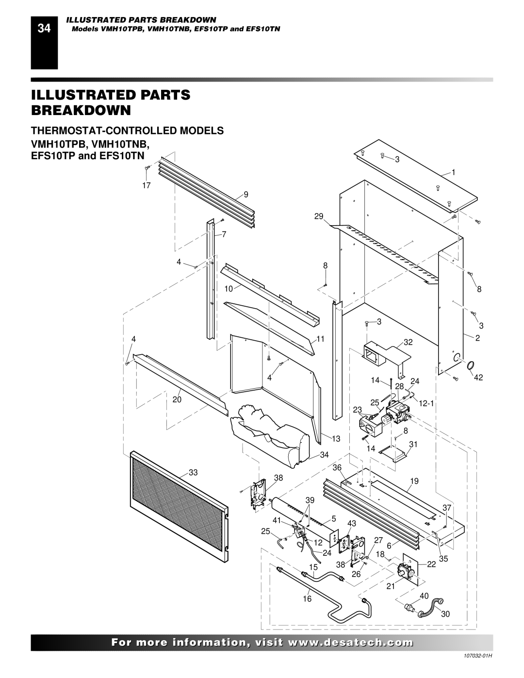 Desa and EFS26NR, EFS10TP, EFS10TN Illustrated Parts Breakdown, THERMOSTAT-CONTROLLED Models VMH10TPB, VMH10TNB 