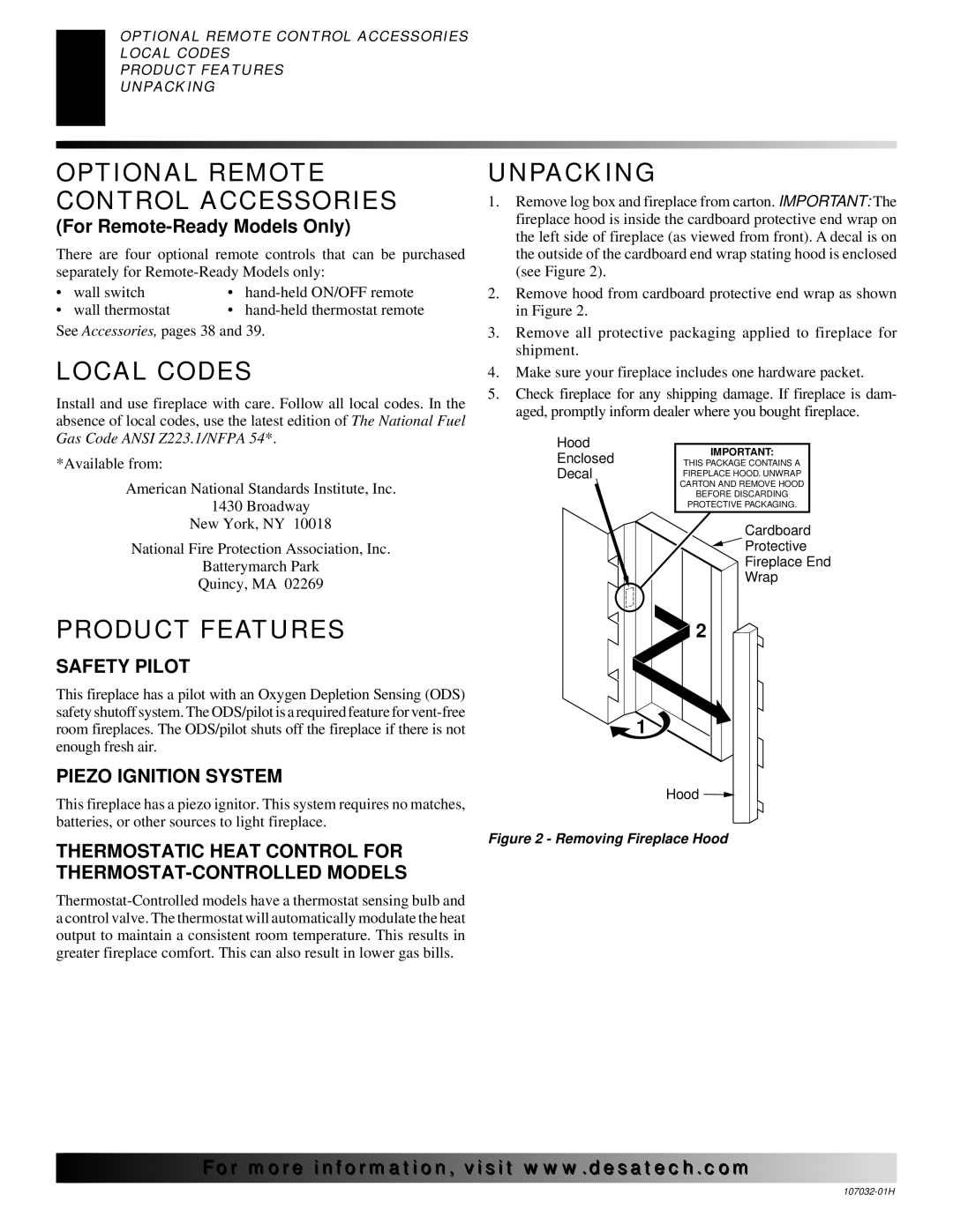 Desa and EFS26NR, EFS10TP, EFS10TN Optional Remote Control Accessories, Local Codes, Product Features, Unpacking 