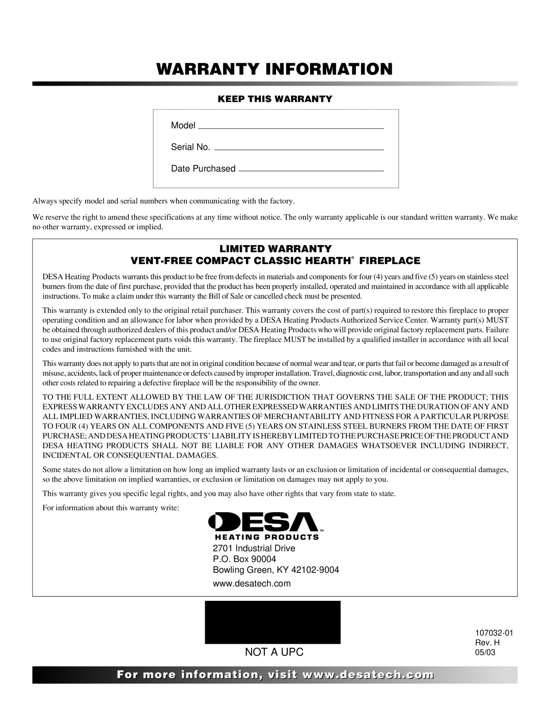 Desa and EFS26NR, EFS10TP, EFS10TN installation manual Warranty Information 