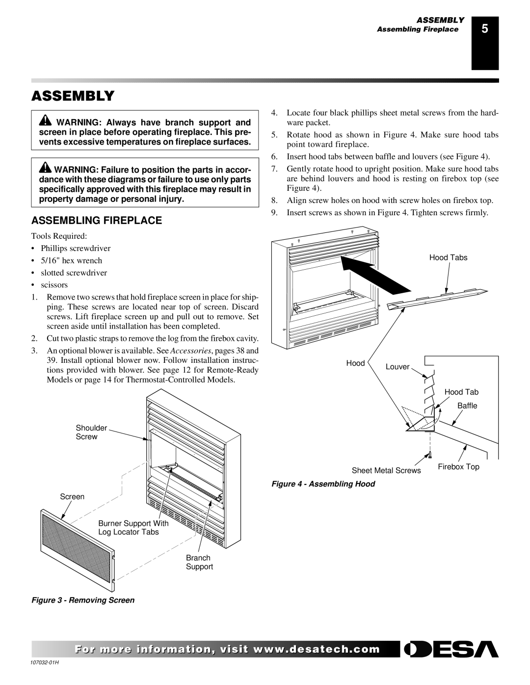 Desa EFS10TP, EFS10TN, and EFS26NR installation manual Assembly, Assembling Fireplace 