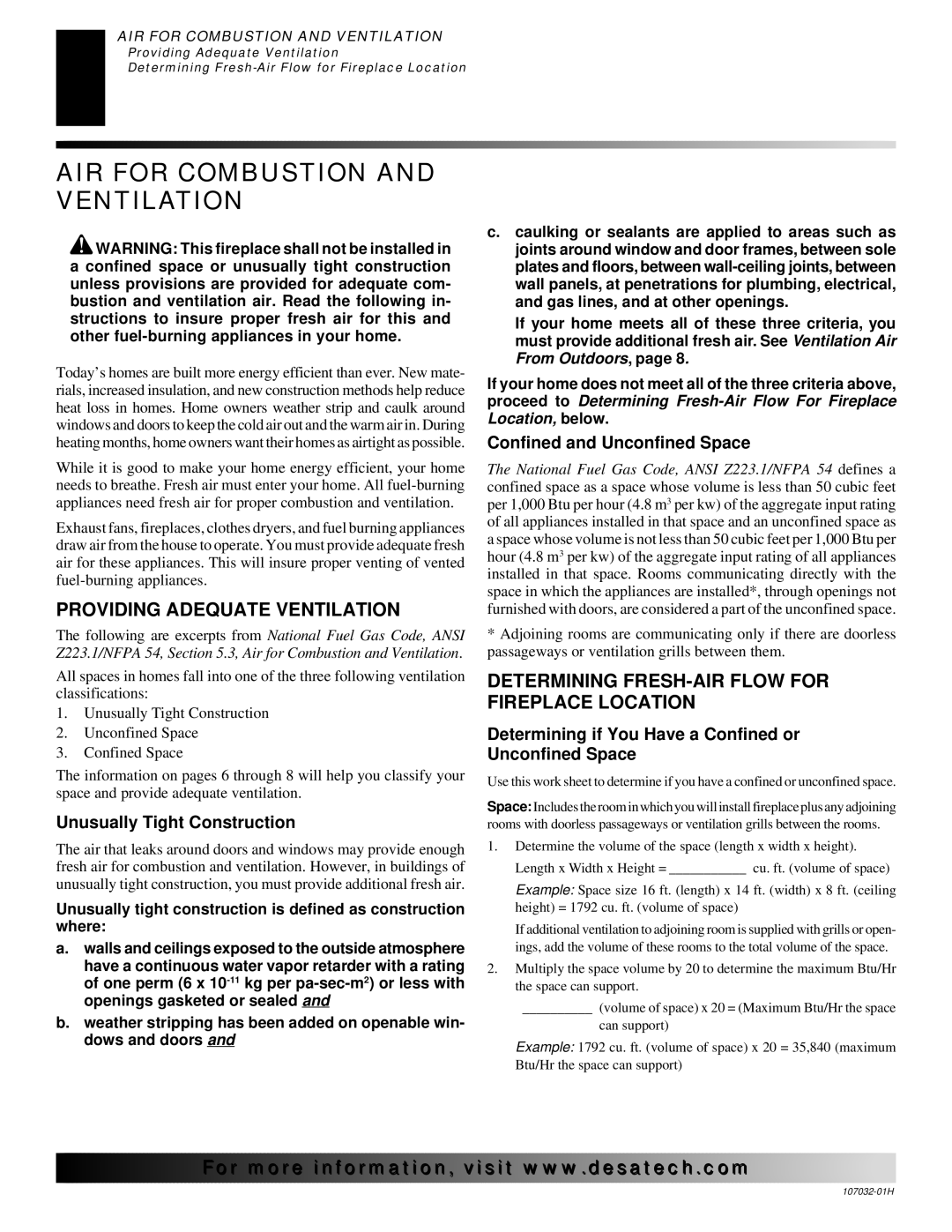 Desa and EFS26NR, EFS10TP, EFS10TN installation manual AIR for Combustion and Ventilation, Providing Adequate Ventilation 