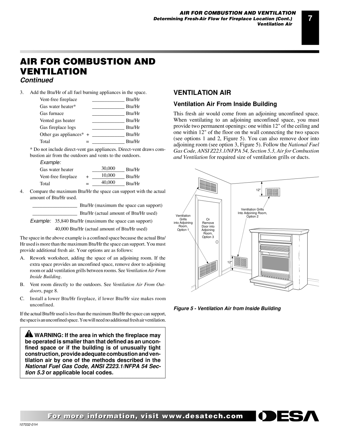 Desa EFS10TP, EFS10TN, and EFS26NR installation manual Ventilation AIR, Ventilation Air From Inside Building 