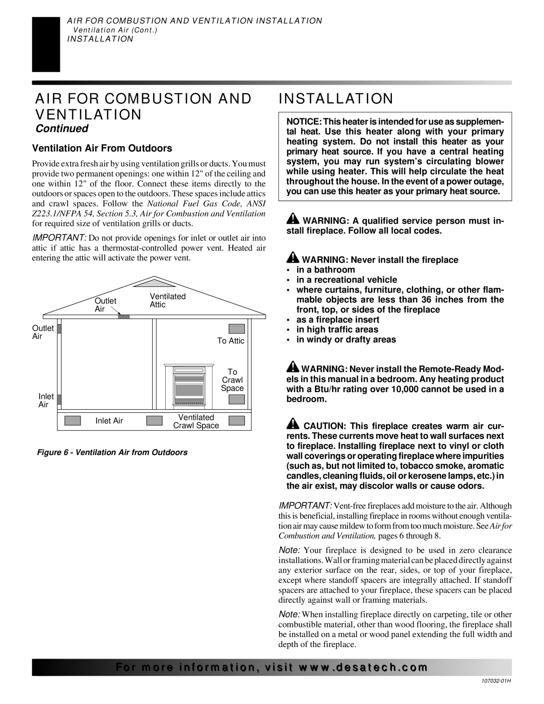 Desa and EFS26NR, EFS10TP, EFS10TN installation manual Installation, Ventilation Air From Outdoors 