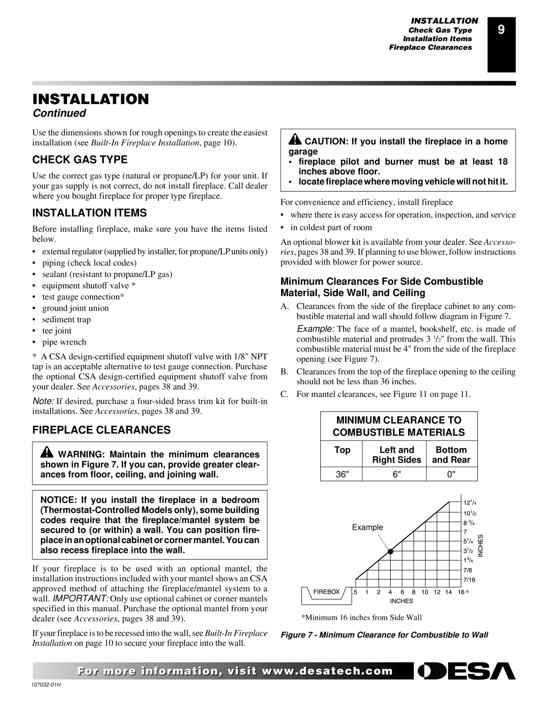 Desa EFS10TP, EFS10TN, and EFS26NR installation manual Check GAS Type, Installation Items, Fireplace Clearances 