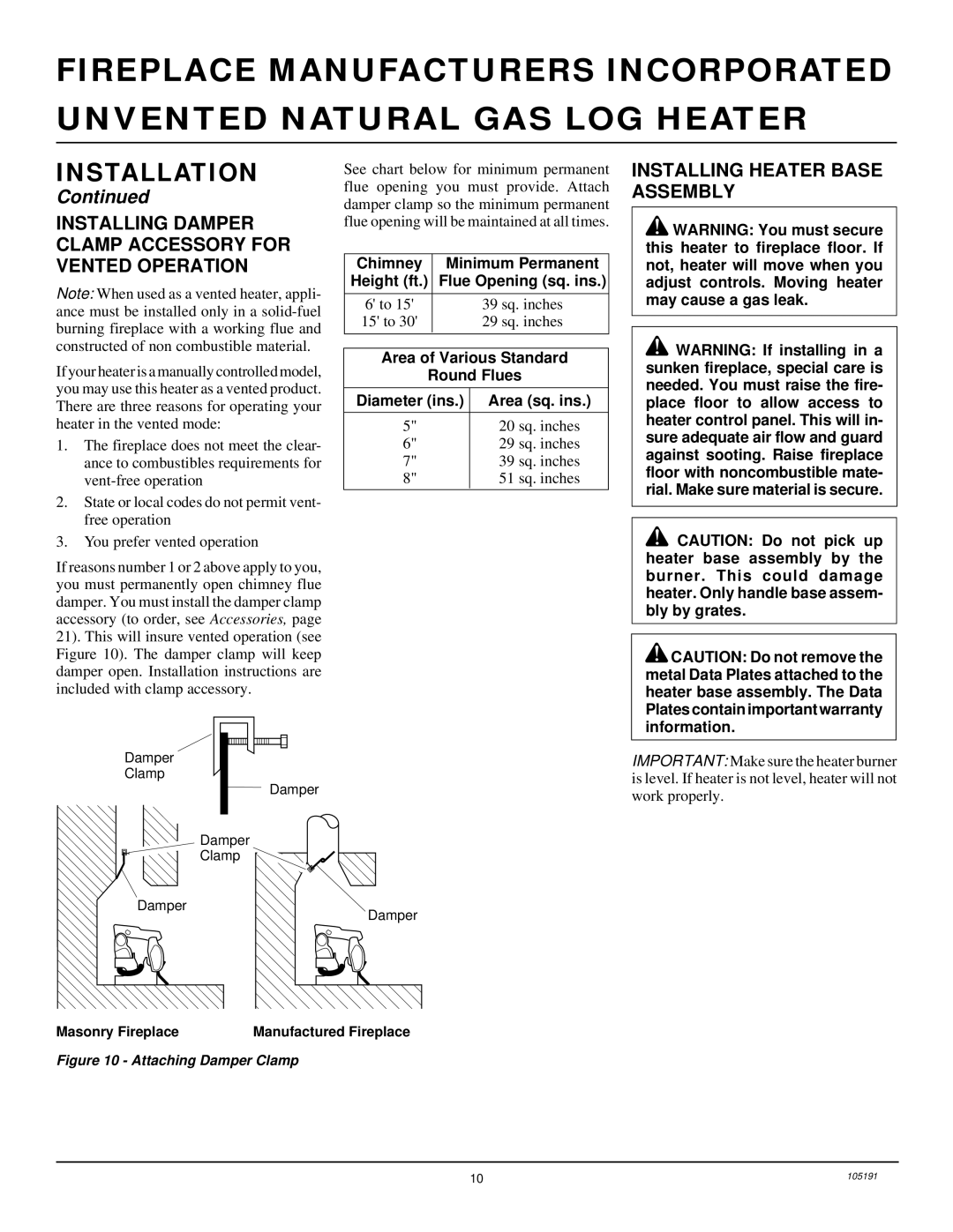 Desa FVF18N, and FVF30N, FVF24N Installing Damper Clamp Accessory for Vented Operation, Installing Heater Base Assembly 