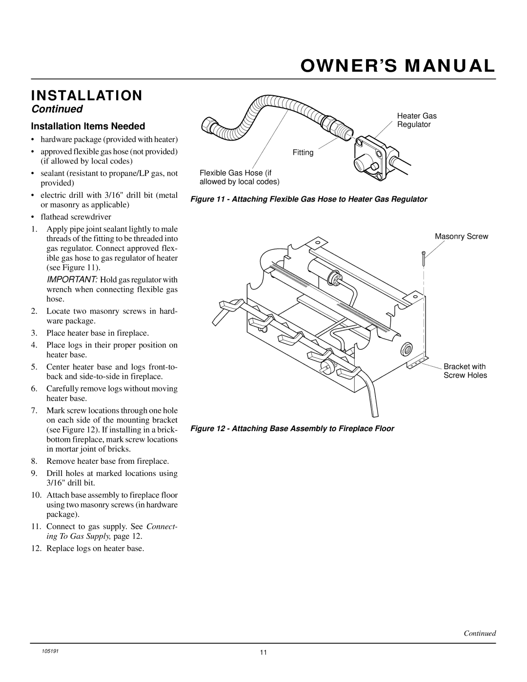 Desa FVF24N, and FVF30N, FVF18N Installation Items Needed, Attaching Flexible Gas Hose to Heater Gas Regulator 