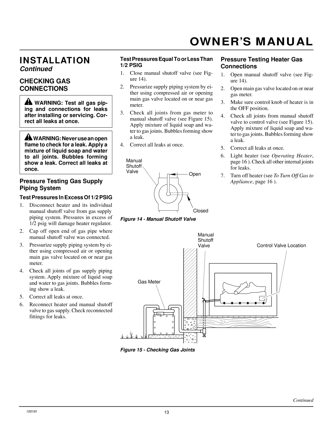 Desa FVF18N Checking GAS Connections, Pressure Testing Gas Supply Piping System, Pressure Testing Heater Gas Connections 