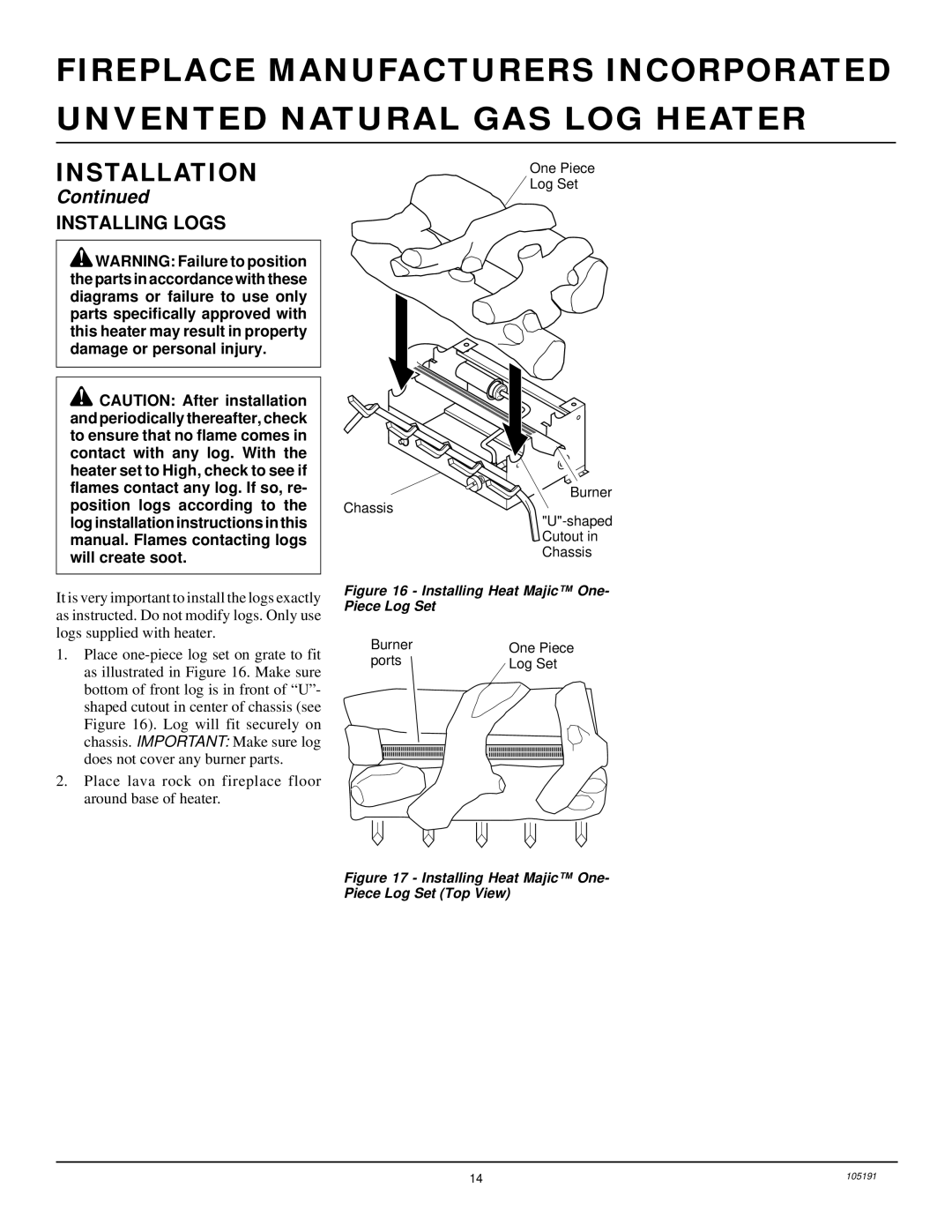 Desa FVF24N, and FVF30N, FVF18N installation manual Installing Logs, Installing Heat Majic One- Piece Log Set 