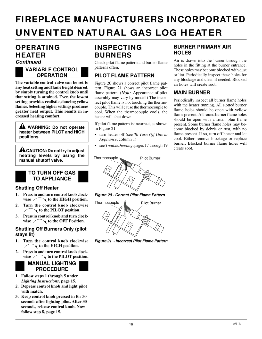 Desa FVF18N, and FVF30N, FVF24N installation manual Inspecting Burners 