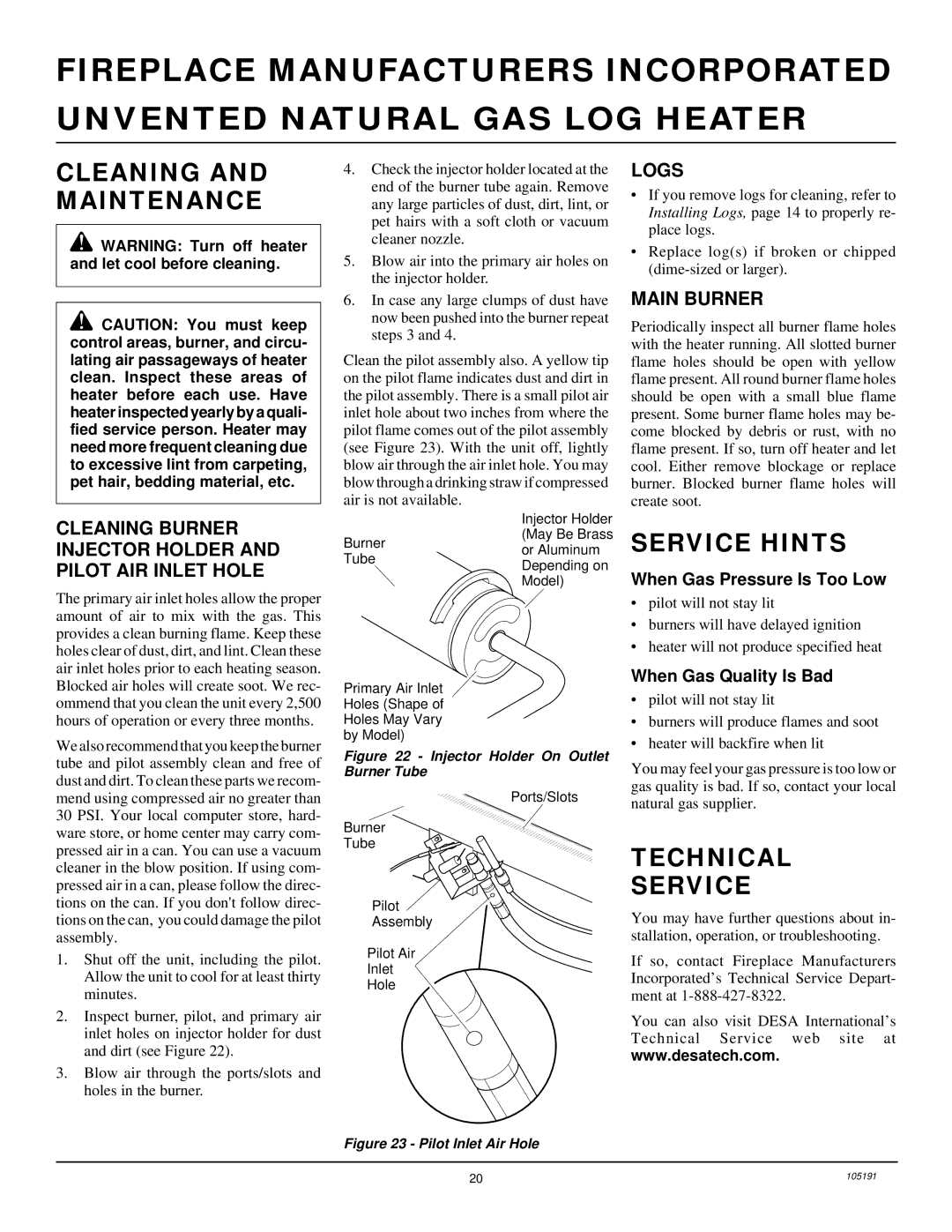 Desa FVF24N, and FVF30N, FVF18N installation manual Cleaning and Maintenance, Service Hints, Technical Service, Logs 