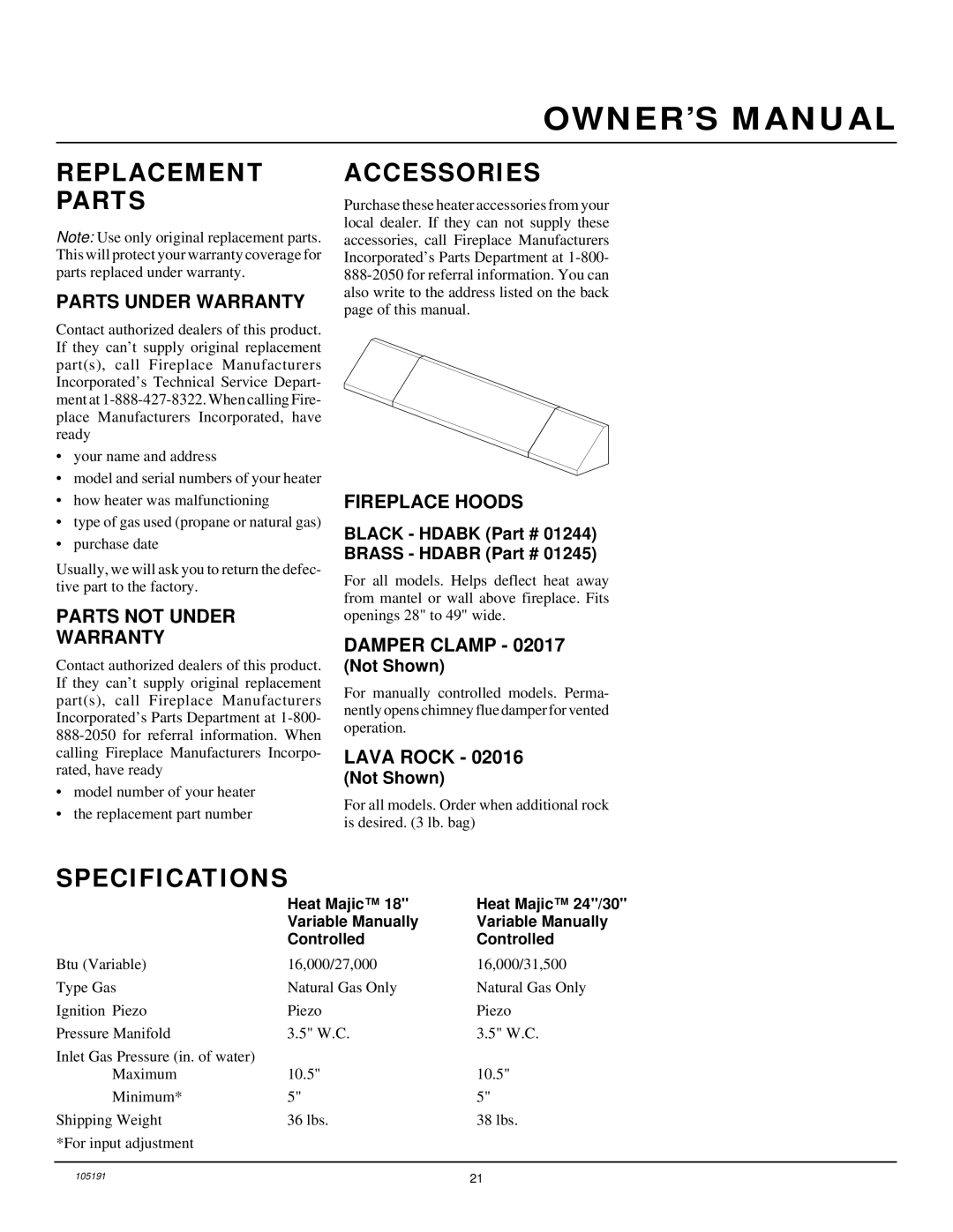 Desa and FVF30N, FVF18N, FVF24N installation manual Replacement Parts, Accessories, Specifications 