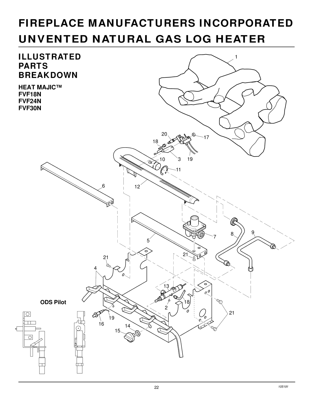 Desa and FVF30N installation manual Illustrated Parts Breakdown, Heat Majic FVF18N FVF24N FVF30N, ODS Pilot 