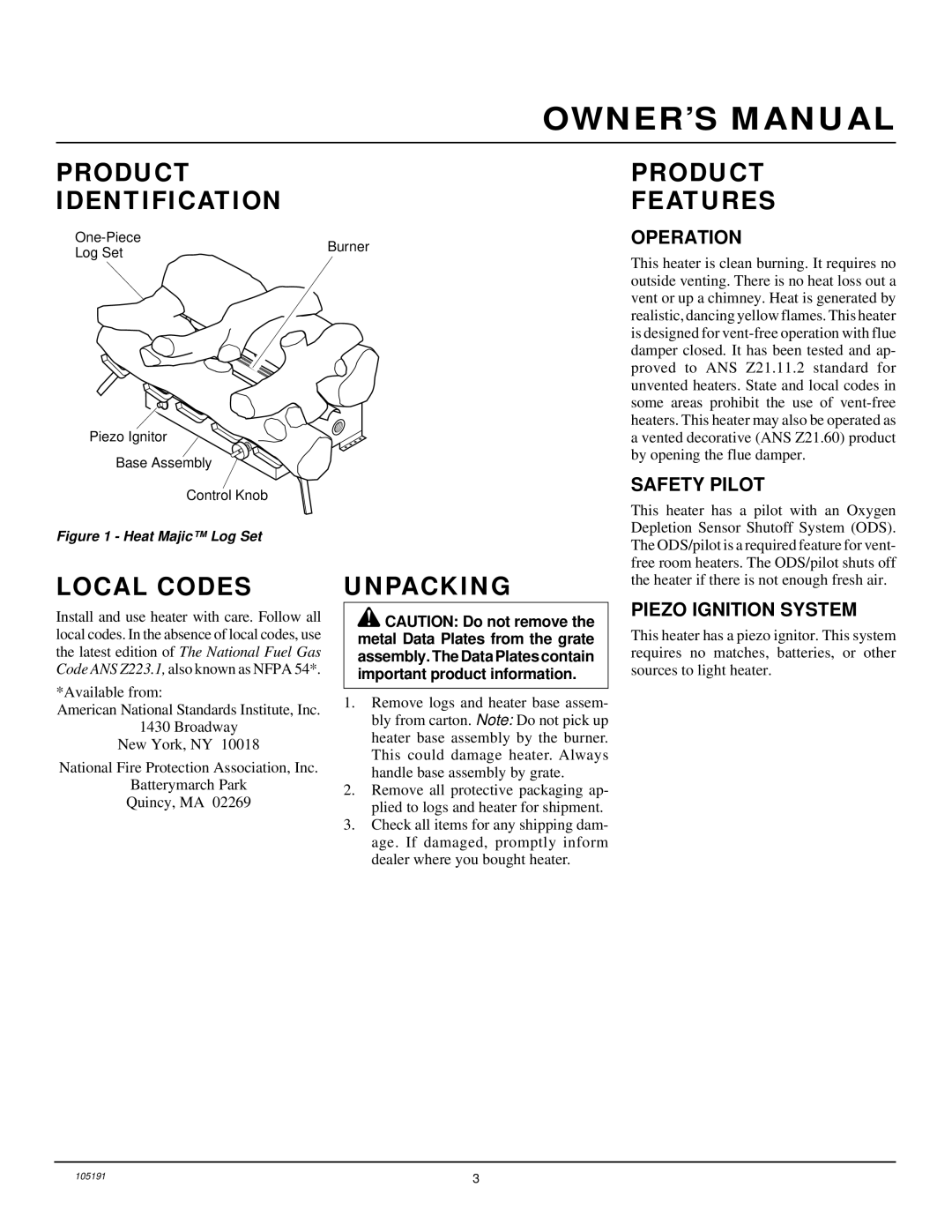 Desa and FVF30N, FVF18N, FVF24N Product Identification, Local Codes Unpacking Product Features, Operation, Safety Pilot 