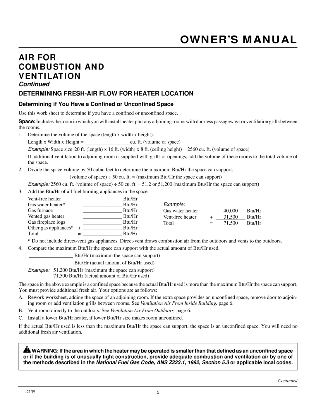 Desa FVF24N, and FVF30N, FVF18N AIR for Combustion Ventilation, Determining FRESH-AIR Flow for Heater Location 