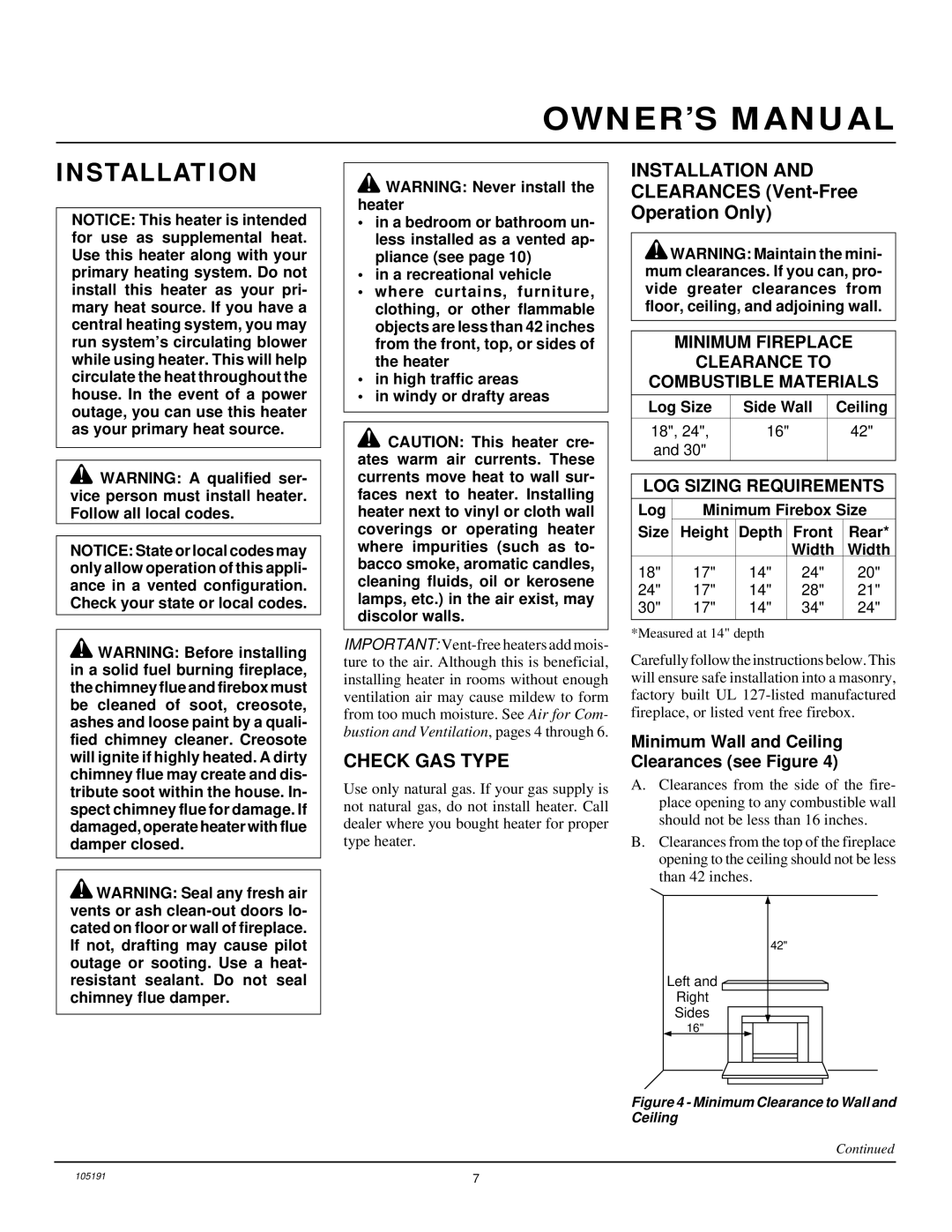 Desa FVF18N, and FVF30N, FVF24N Installation, Check GAS Type, Minimum Wall and Ceiling Clearances see Figure 