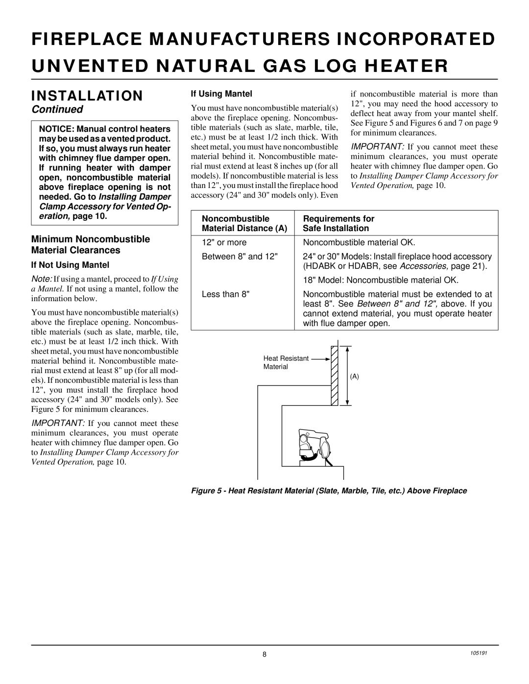 Desa FVF24N, and FVF30N, FVF18N Minimum Noncombustible Material Clearances, If Using Mantel, If Not Using Mantel 