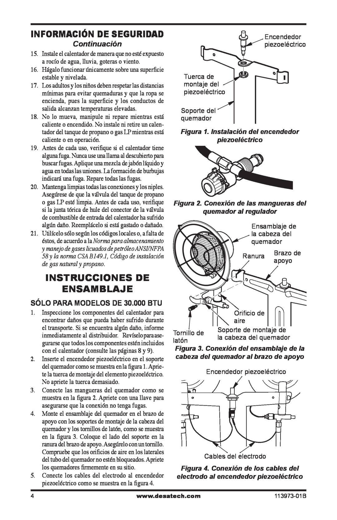 Desa AND TT30 10 owner manual Instrucciones De Ensamblaje, Continuación, SÓLO PARA MODELOS DE 30.000 BTU, piezoeléctrico 