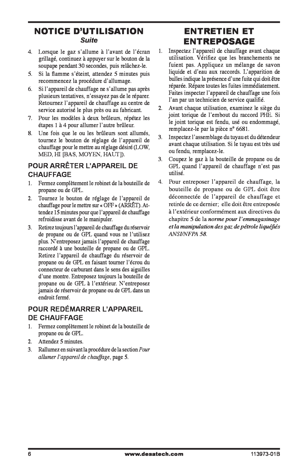 Desa AND TT30 10 owner manual Notice D’Utilisation, Entretien Et Entreposage, Suite, Pour Arrêter L’Appareil De Chauffage 